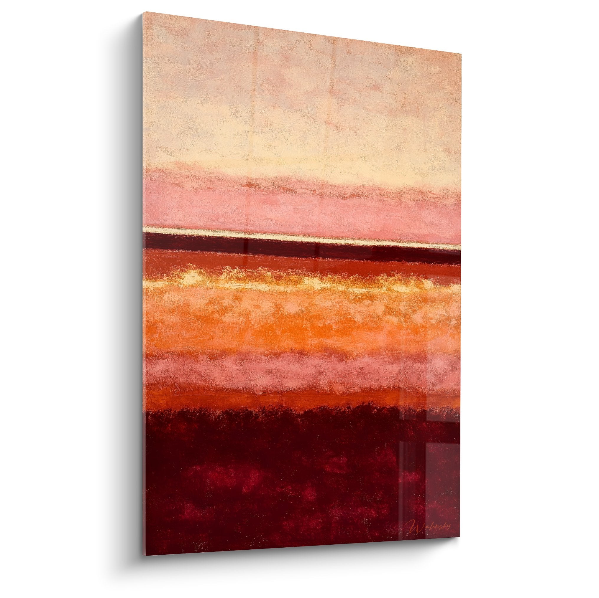 Tableau abstrait dégradé horizontal ocre orange bordeaux bandes stratifiées style minimaliste feng shui terre