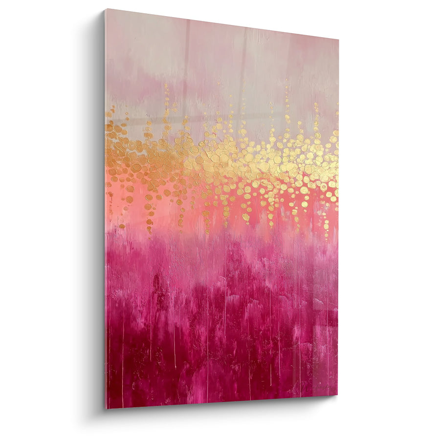 Tableau abstrait dégradé rose magenta et or avec points dorés scintillants - Harmonie Céleste - Edition Feng shui Sud-Ouest Terre