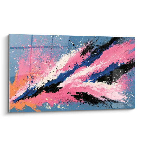 Diagonale rose fuchsia et bleu marine éclaboussée sur fond bleu ardoise, tableau abstrait texturé.