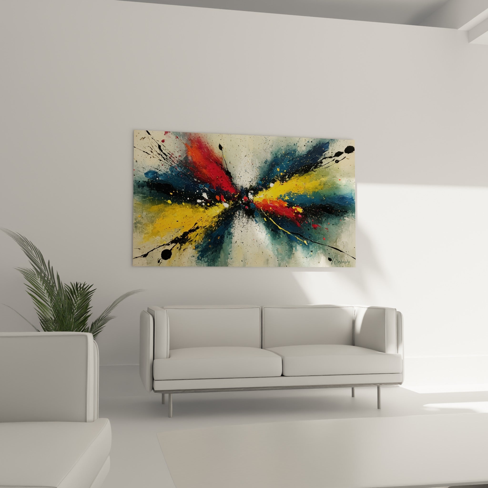 Diagonales jaunes et bleu marine traversées de rouge intense, au-dessus d'un canapé dans un salon lumineux