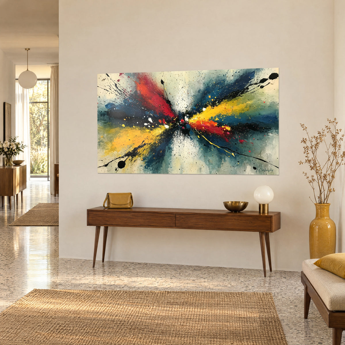 Tableau éclat de peinture à l'huile en papillon jaune moutarde et bleu nuit, vu de trois-quarts sur une console en bois