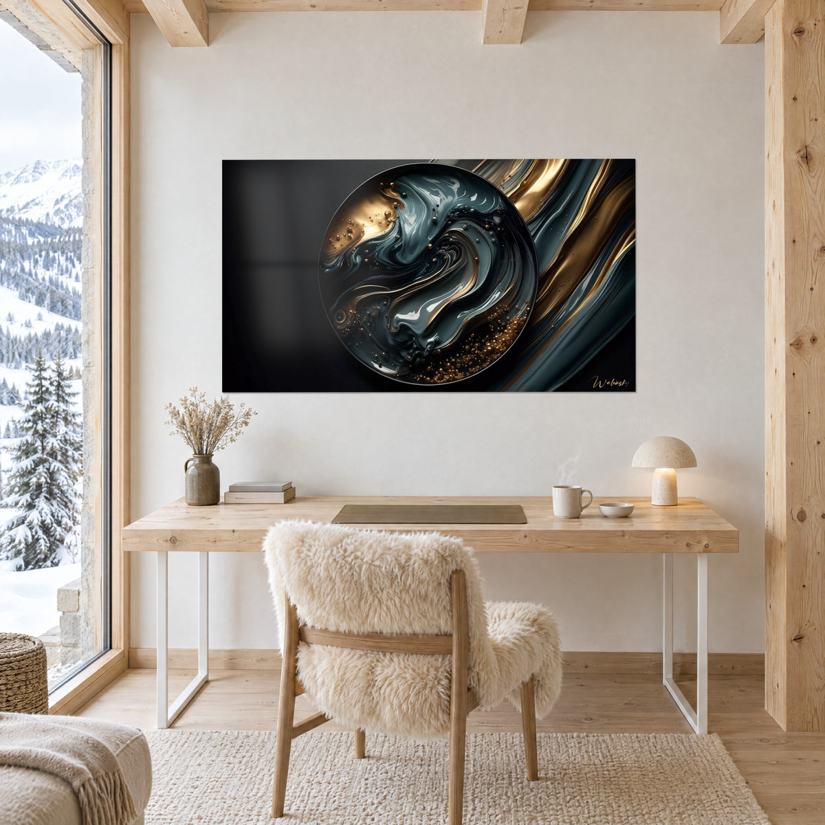 Wall art abstract gold and blue-grey flows on a glossy black disc, above a wooden desk near a window