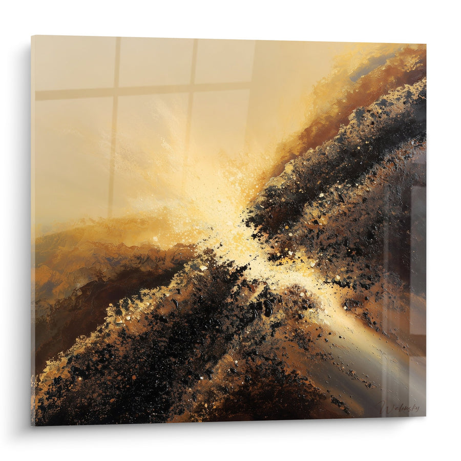 Tableau Abstrait Doré et Brun aux Éclats Lumineux - Éruption Solaire - Edition Feng shui Centre Terre