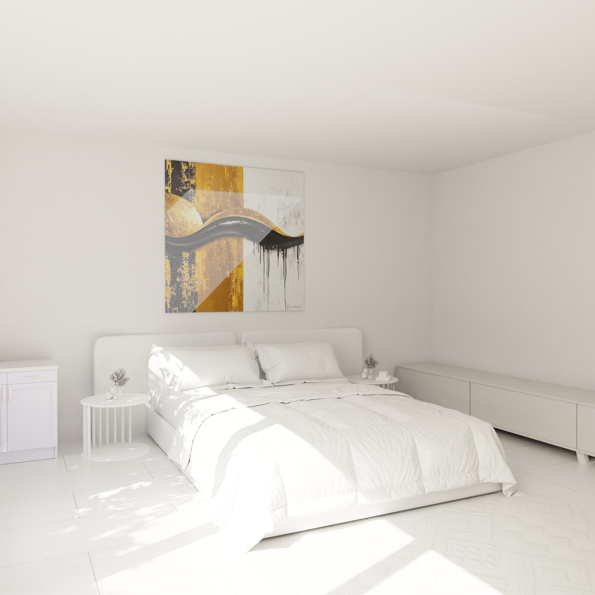 Tableau coulée dorée abstraite dans chambre moderne, décoration murale contemporaine aux tons gold et noir