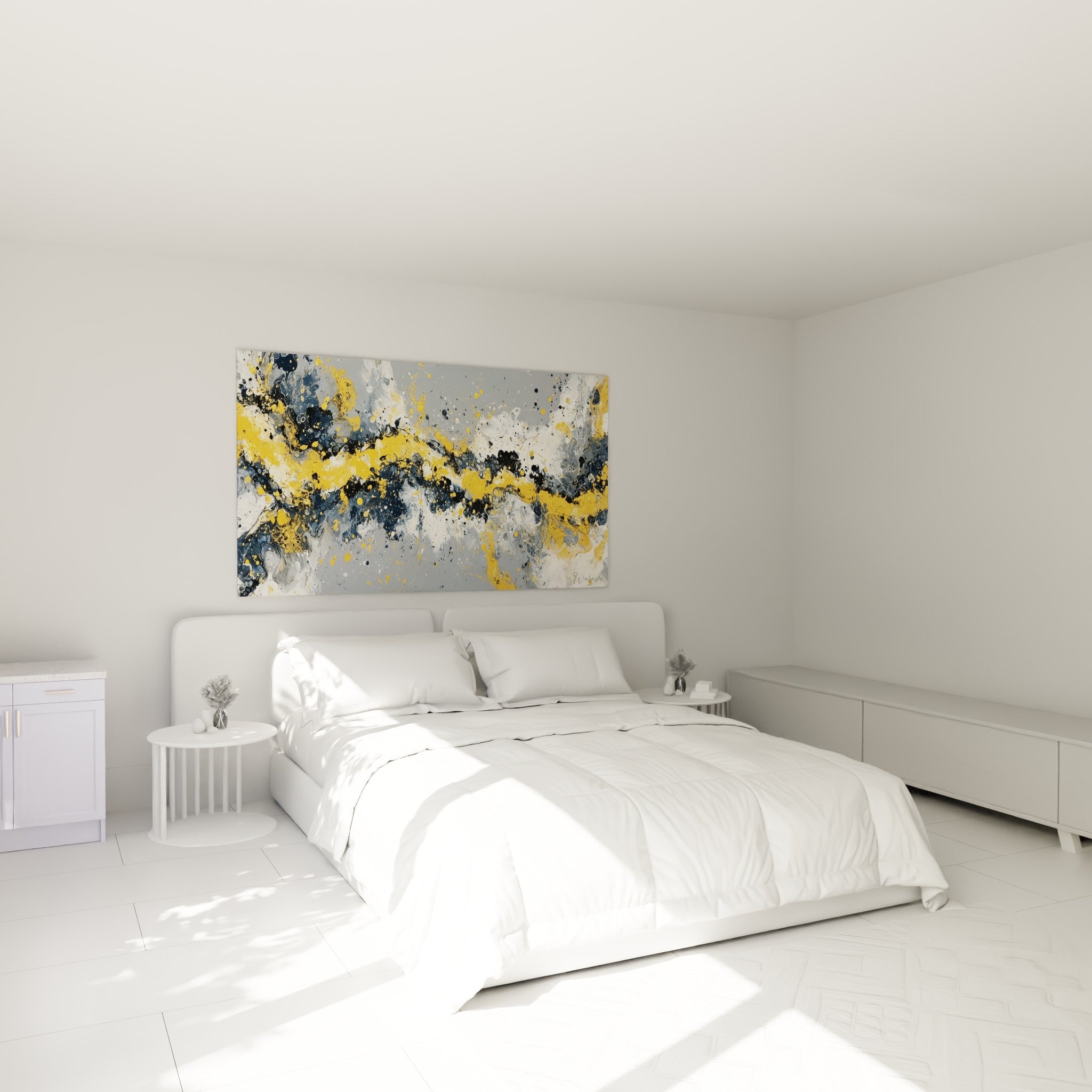 Coulée dorée et anthracite de ce tableau abstrait au-dessus d'un lit dans une chambre claire