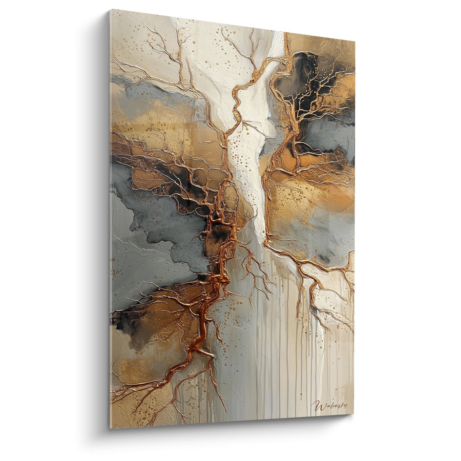 Tableau abstrait aux nuances dorées et grises avec lignes organiques fluides - Harmonie Terrestre - Edition Feng shui Nord-Est Terre