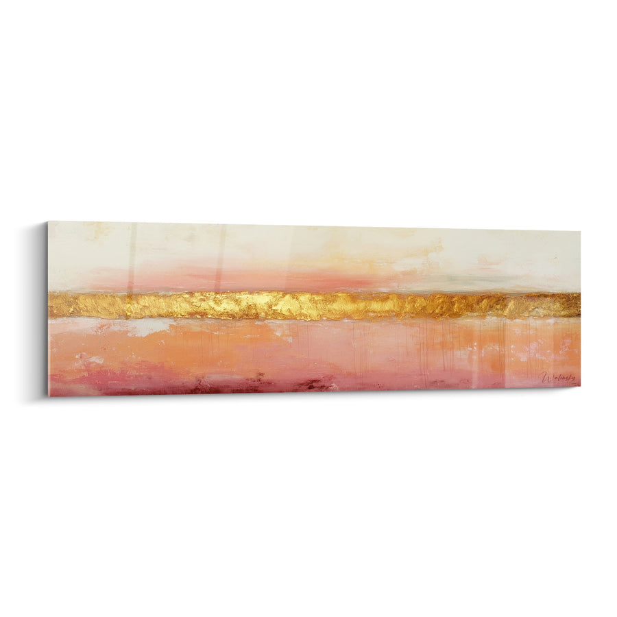 Tableau abstrait aux nuances dorées et roses avec bande dorée centrale - Harmonie Céleste - Edition Feng shui Sud-Ouest Terre