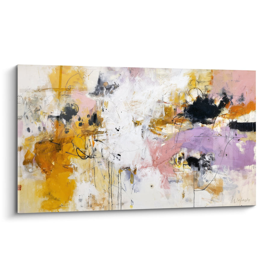 Tableau abstrait aux touches dorées, roses et violettes - Harmonie Colorée - Edition Feng shui Sud-Est Bois