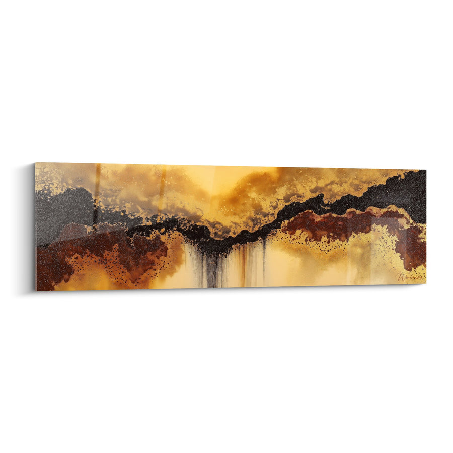 Tableau paysage abstrait aux tons dorés et terre brûlée avec coulées minérales - Horizon doré - Edition Feng shui Centre Terre