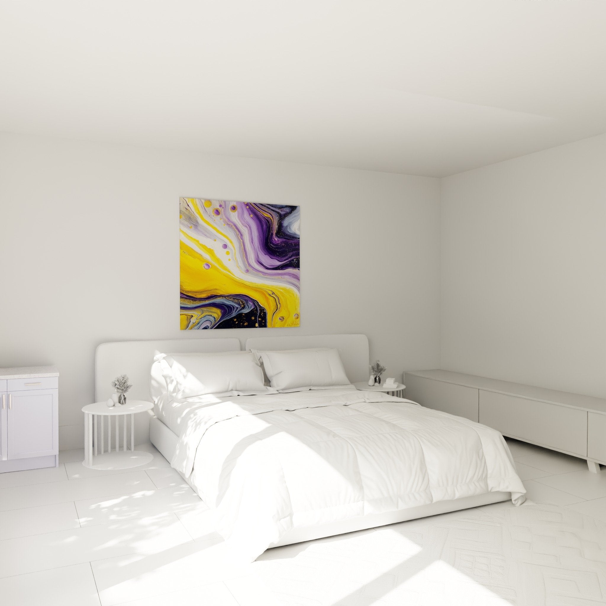 Abstract golden purple artwork in modern bedroom feng shui southeast wood decor serene ambiance
