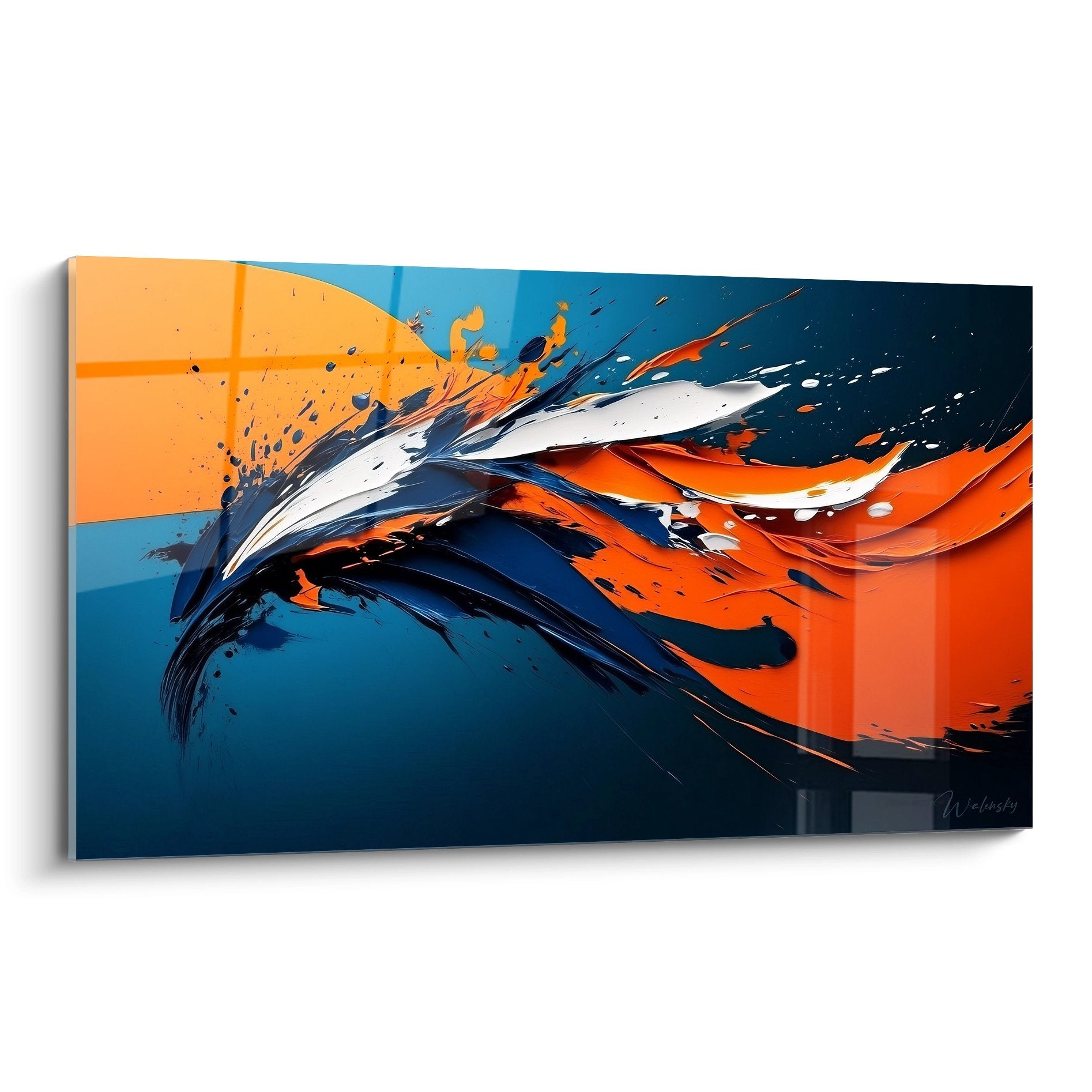 Tableau abstrait dynamique aux couleurs vives bleu et orange, art contemporain minimaliste mural