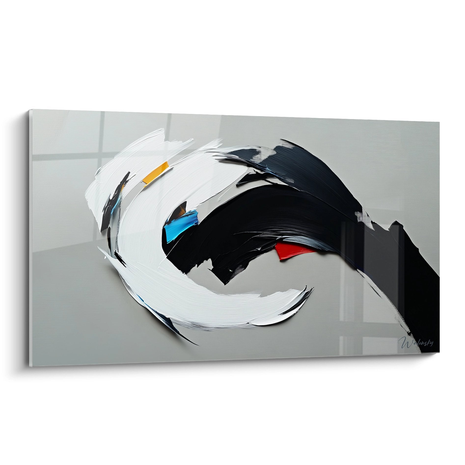 Tableau abstrait dynamique noir et blanc avec mouvement circulaire et touches colorées sur fond gris