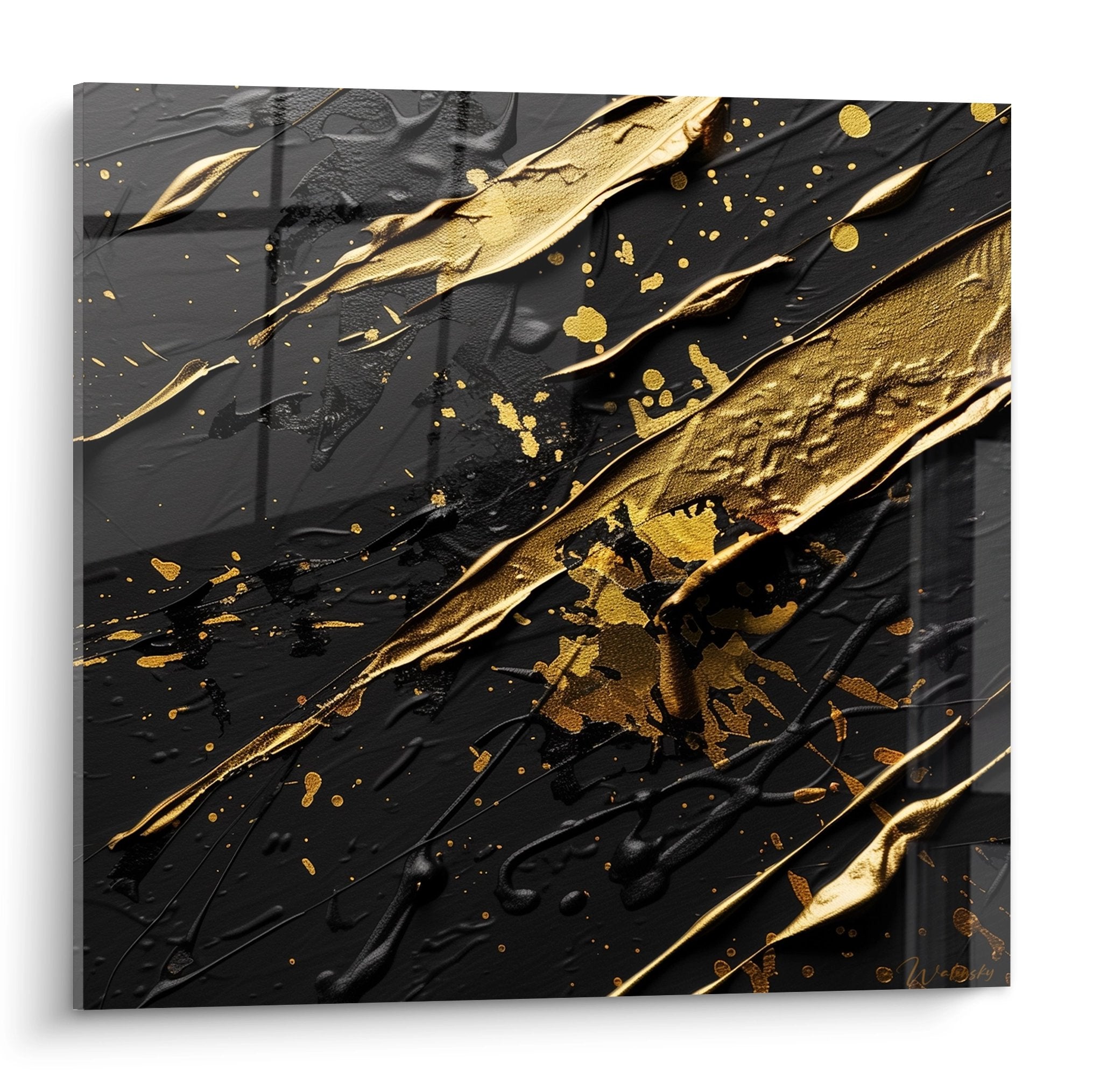 Composition abstraite moderne avec éclaboussures dorées sur fond anthracite - Art contemporain noir et or