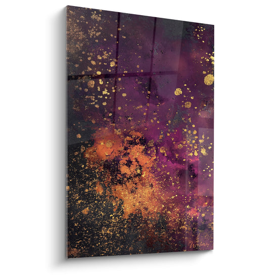 Tableau abstrait éclaboussures dorées fond violet orange constellation mystique feng shui sud-est bois