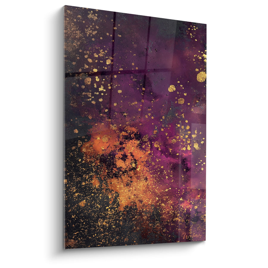 Tableau abstrait éclaboussures dorées sur fond violet et orange - Constellation Mystique - Edition Feng shui Sud-Est Bois