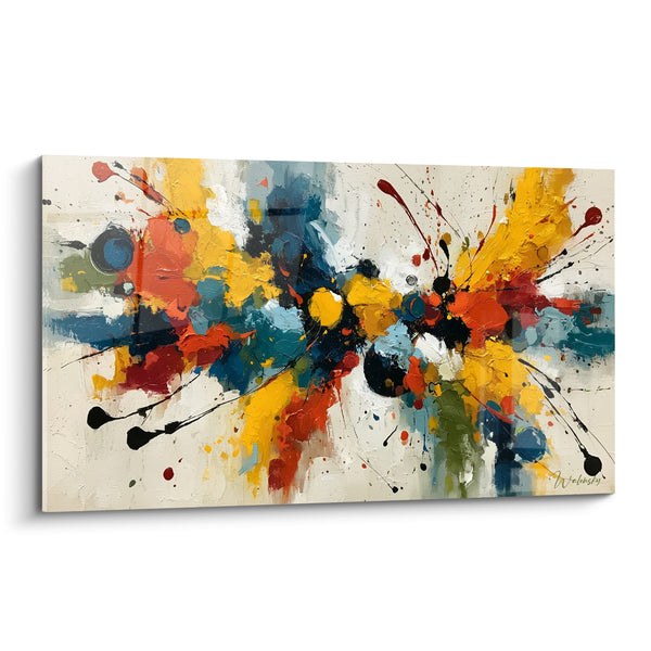 Tableau Éclaboussures jaune et bleu pétrole horizontales - Coulures noires filantes - Edition style Peinture abstrait