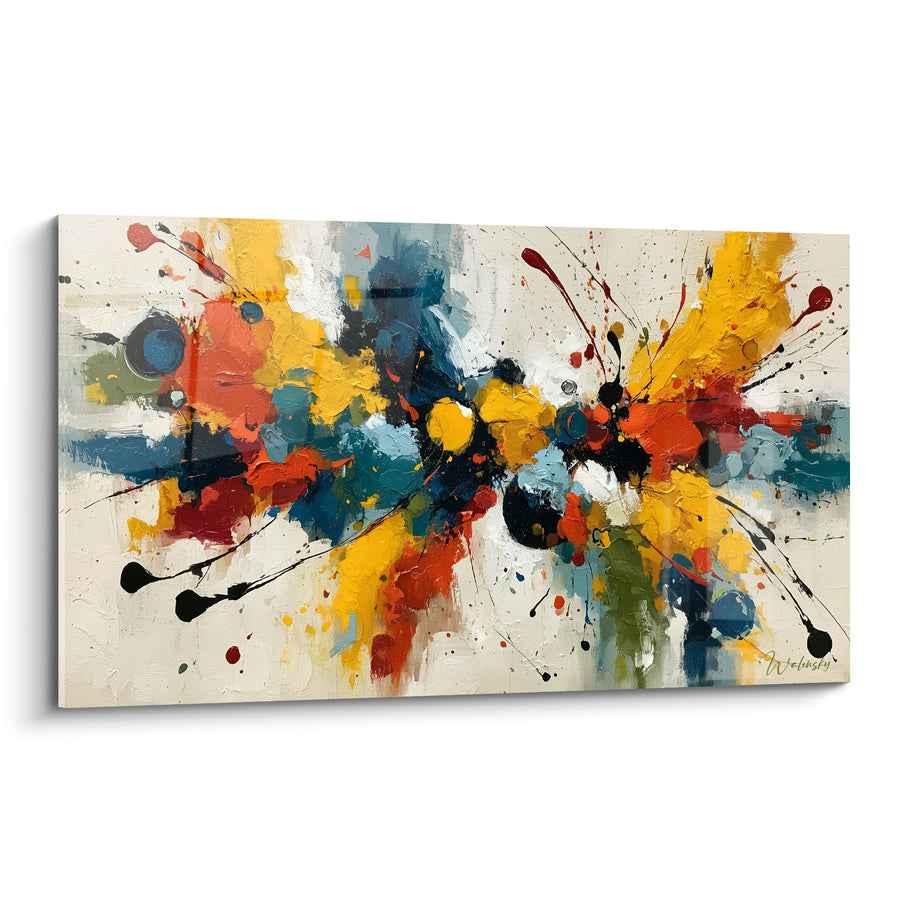 Tableau Éclaboussures jaune et bleu pétrole horizontales - Coulures noires filantes - Edition style Peinture abstrait