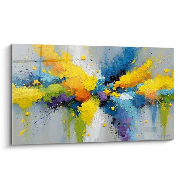 Tableau Éclaboussures jaunes et bleues sur fond gris - Jaillissement joyeux - Edition style Peinture abstrait