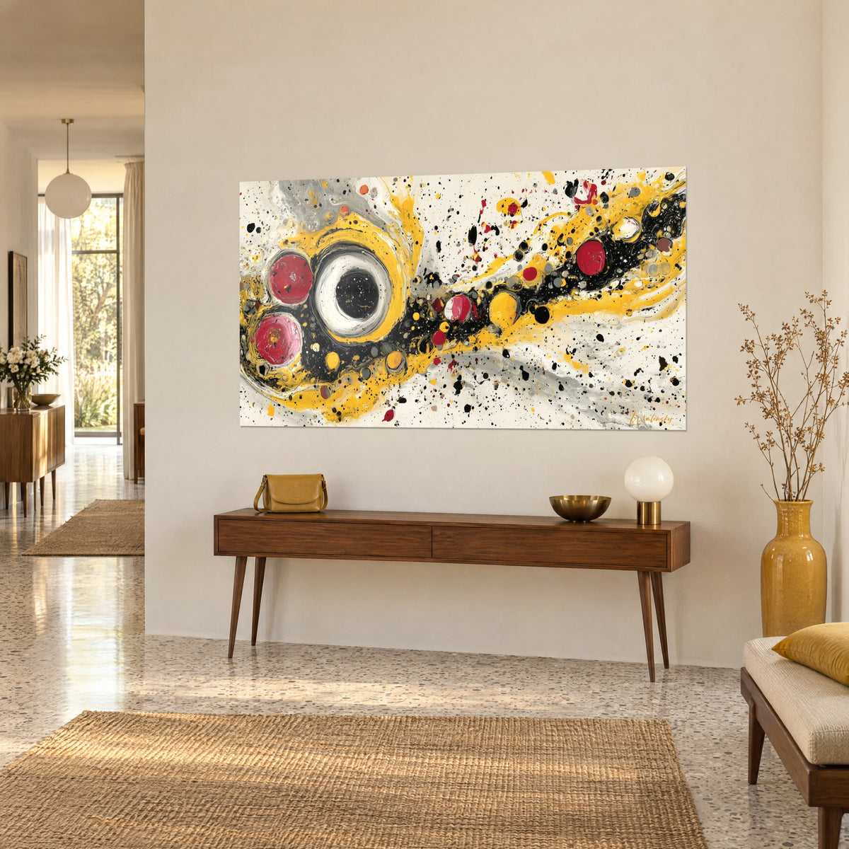 Wall art abstract painting with black disc ringed in white, mustard drips and carmine droplets, on a wooden console, 1950s house