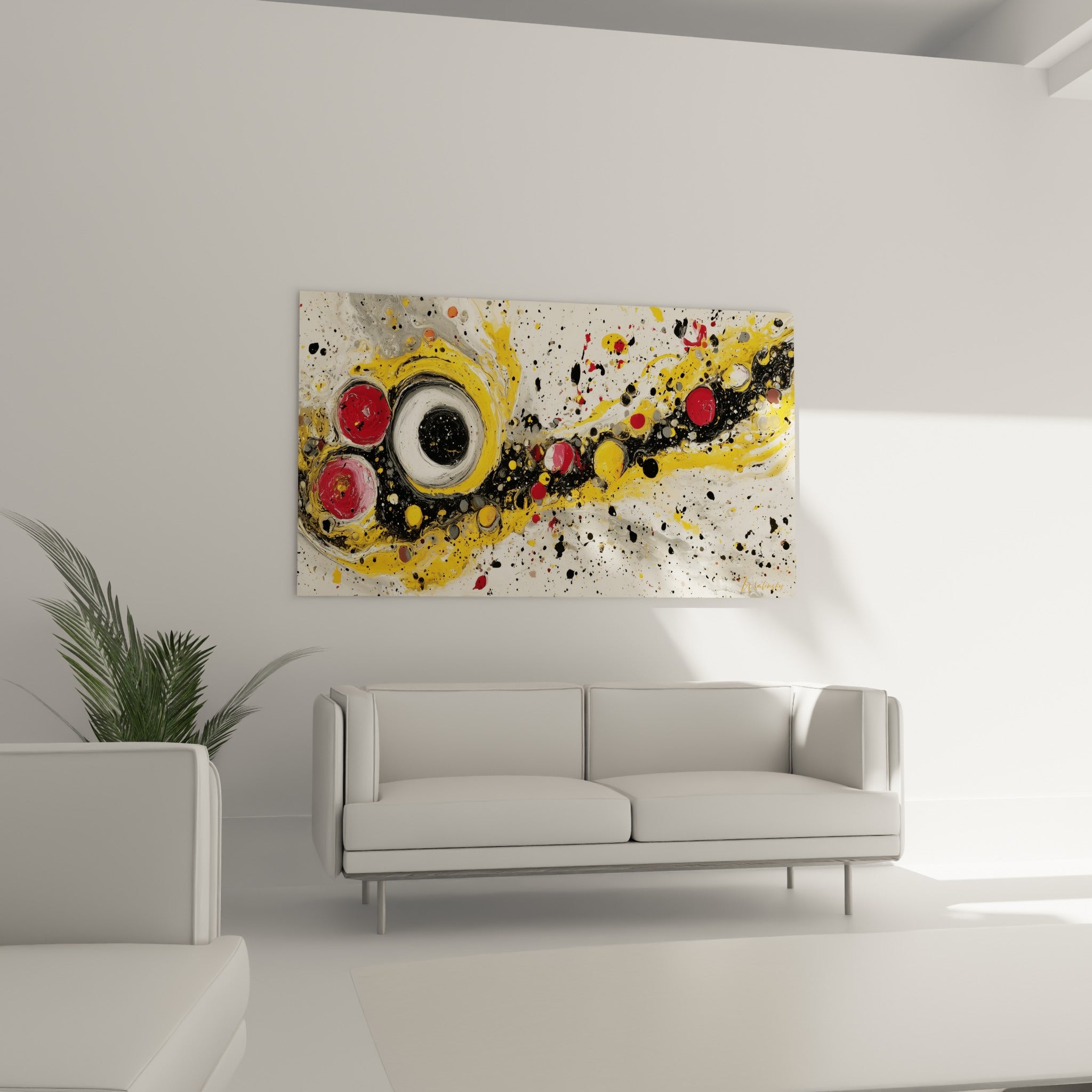 Éclaboussures noires et dorées de ce tableau style Peinture abstrait au-dessus d'un canapé dans un salon lumineux