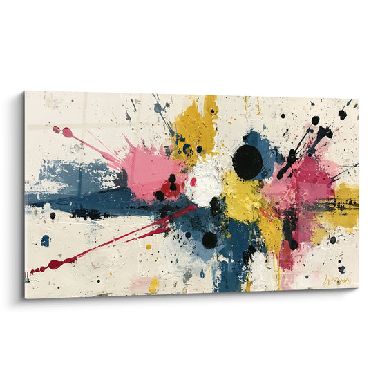 Tableau style Peinture abstrait aux éclaboussures rose fuchsia, jaune ocre et bleu marine sur fond crème texturé