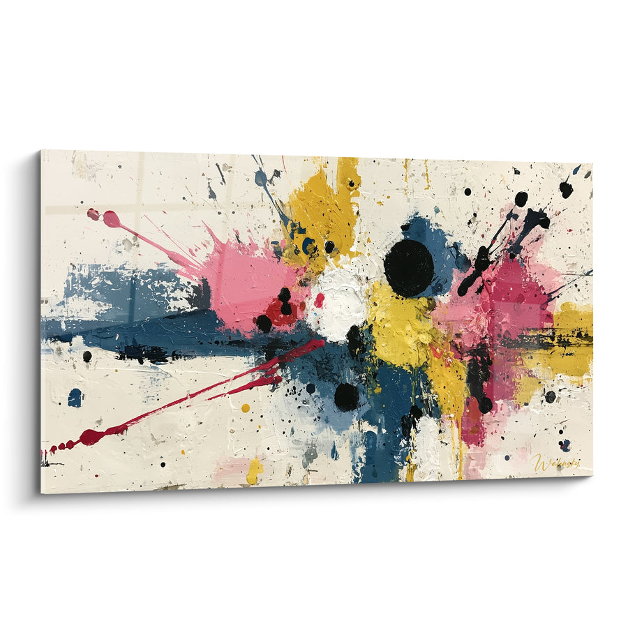 Tableau Éclaboussures roses et jaunes aux coulures fines - Fond crème texturé - Edition style Peinture abstrait