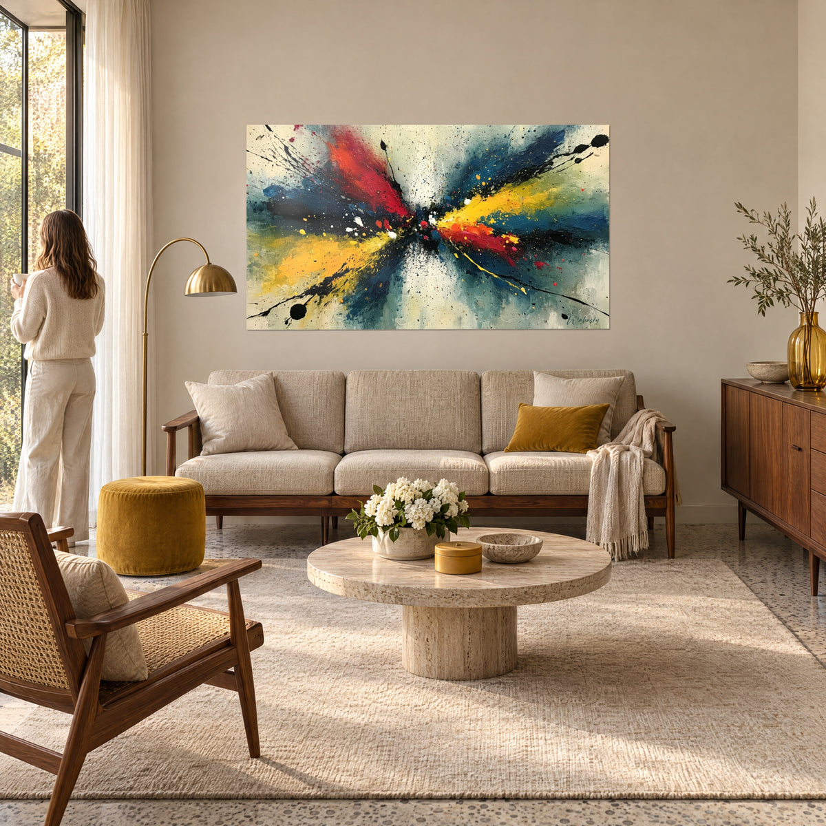 Tableau explosion radiale rouge et jaune sur fond bleu marine, éclaboussures noires, au-dessus d'un canapé dans un salon lumineux