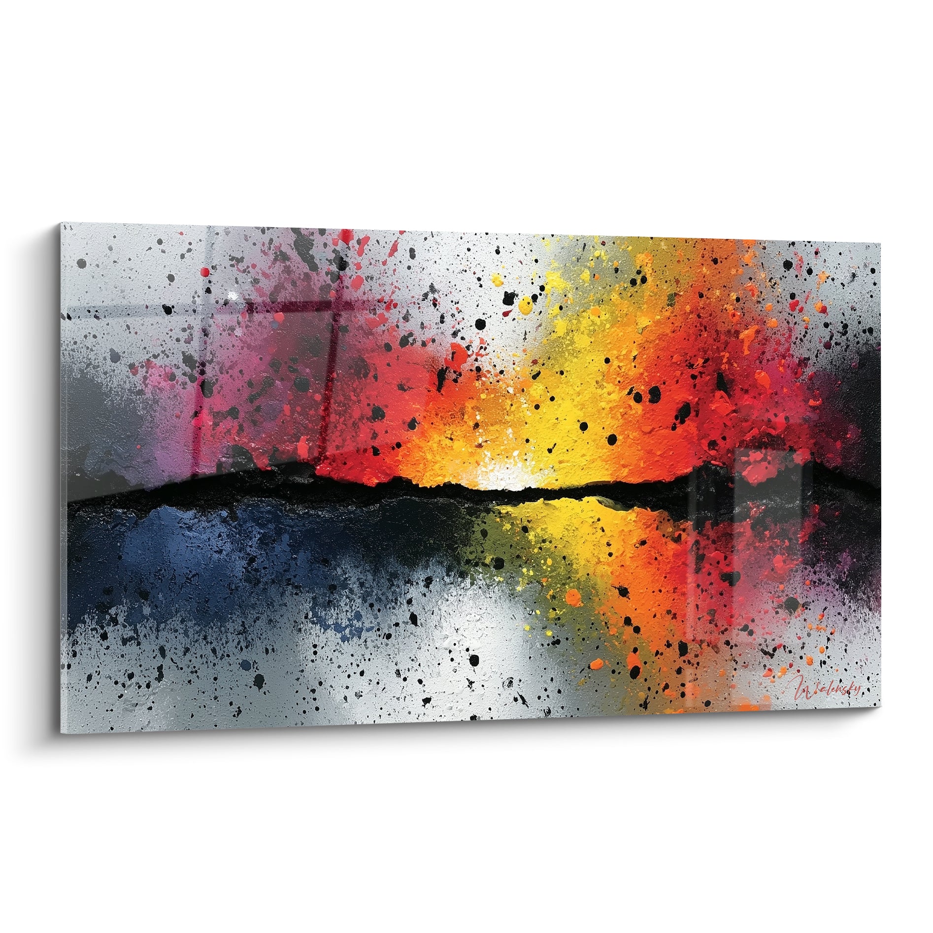 Tableau style Peinture abstrait aux éclats orange, jaune et gris sur horizon noir texturé
