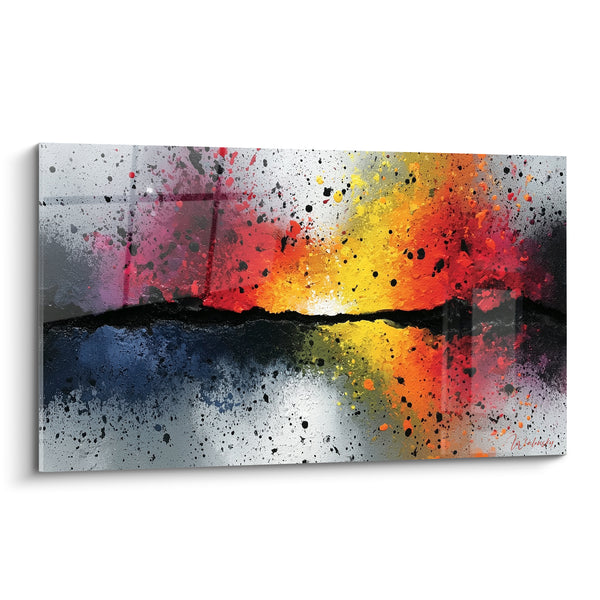 Tableau Éclaboussures rouge et jaune reflétées sur horizon noir - Reflet symétrique éclaboussé - Edition style Peinture abstrait