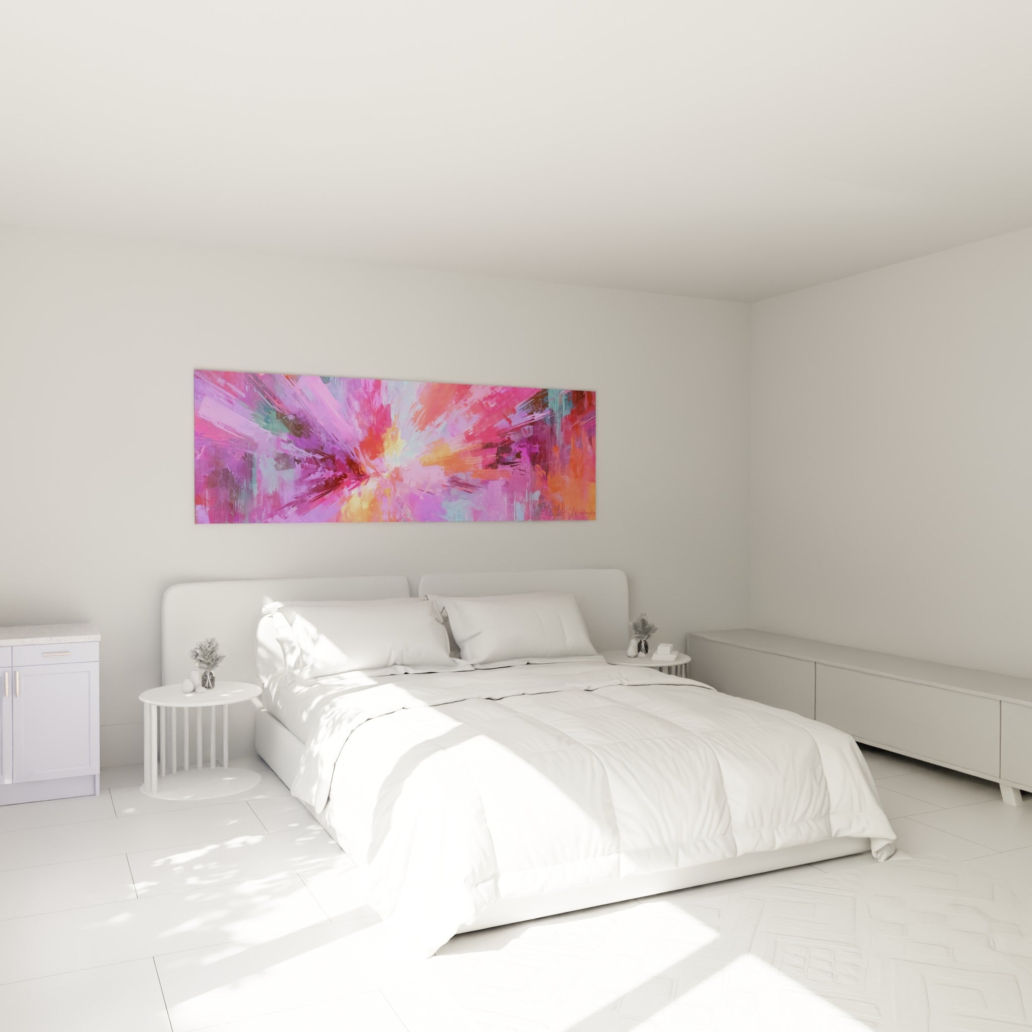 Éclat rose et turquoise en mouvement, accroché au-dessus d'un lit dans une chambre claire