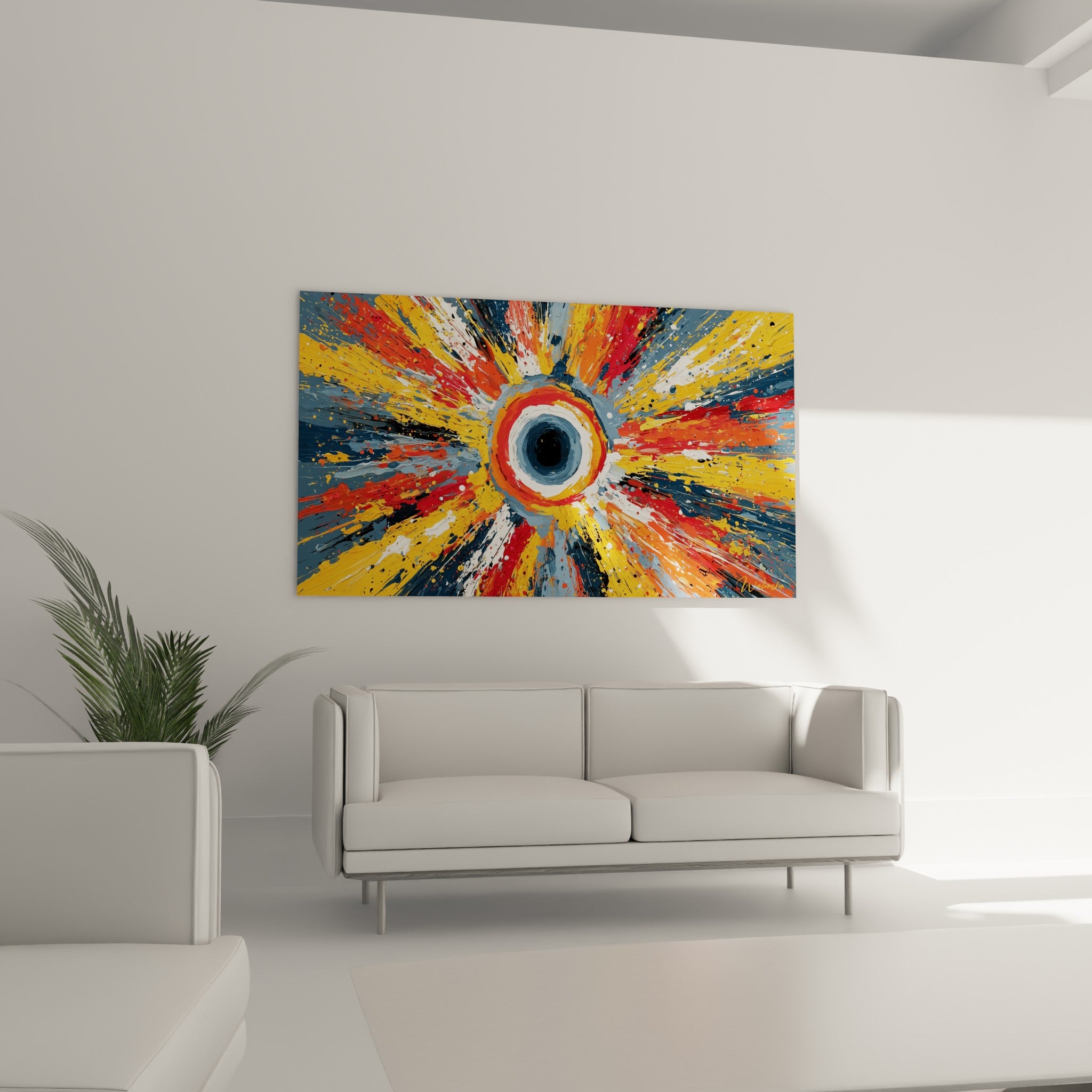 Éclats bleu ardoise et orange vif autour d'un puits noir, tableau style Peinture abstrait au-dessus d'un canapé dans un salon lumineux