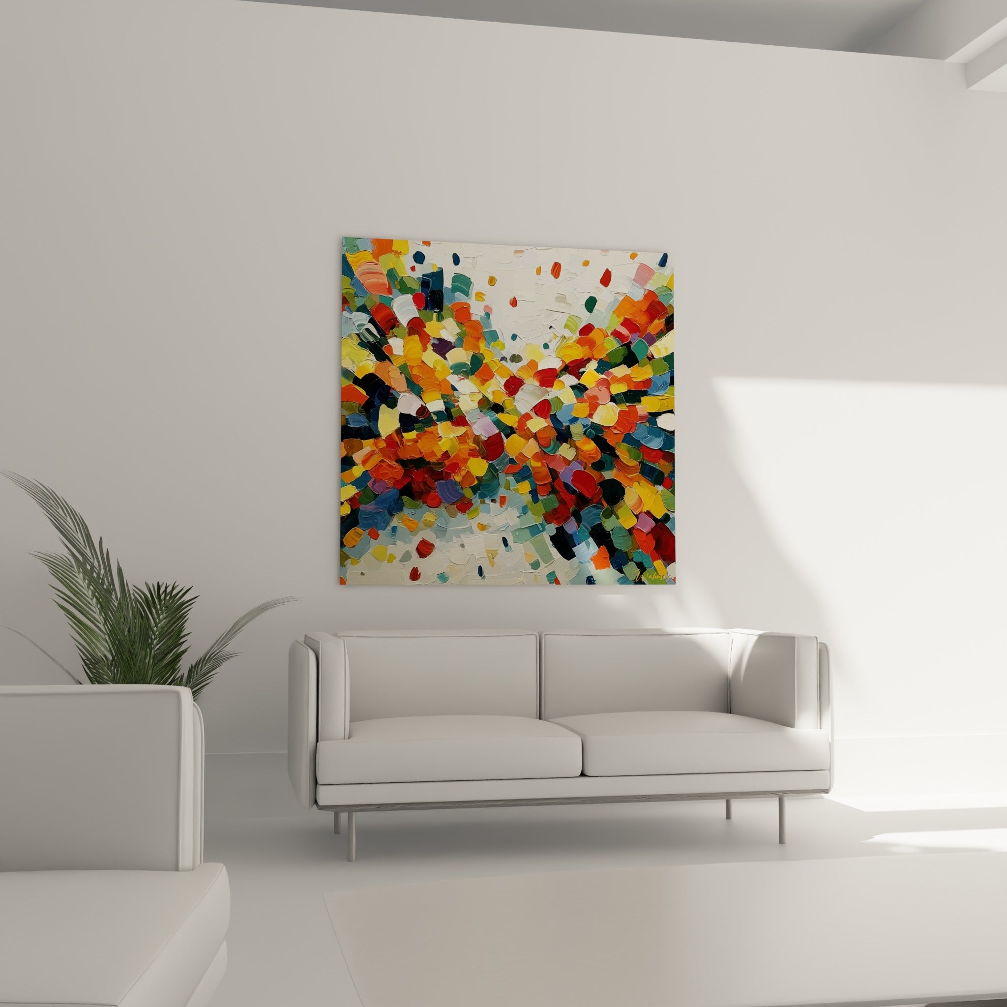 Composition vibrante orange et terracotta du tableau abstrait au-dessus d'un canapé dans un salon lumineux