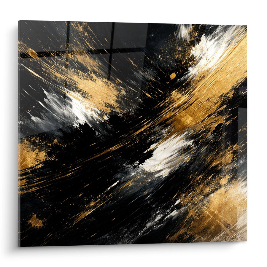 Tableau Composition Dynamique aux Éclats Dorés et Blancs sur Fond Noir - Symphonie Abstraite - Edition Abstrait noir et or
