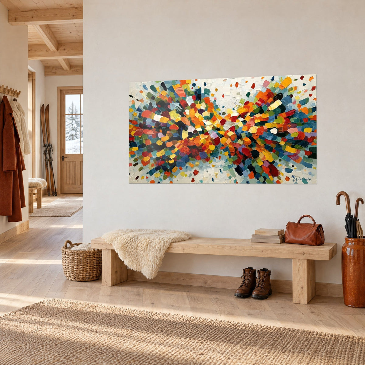 Wall art sheaf of vivid orange and teal palette-knife strokes on a cream background, white wall of a chalet entryway with a wooden bench