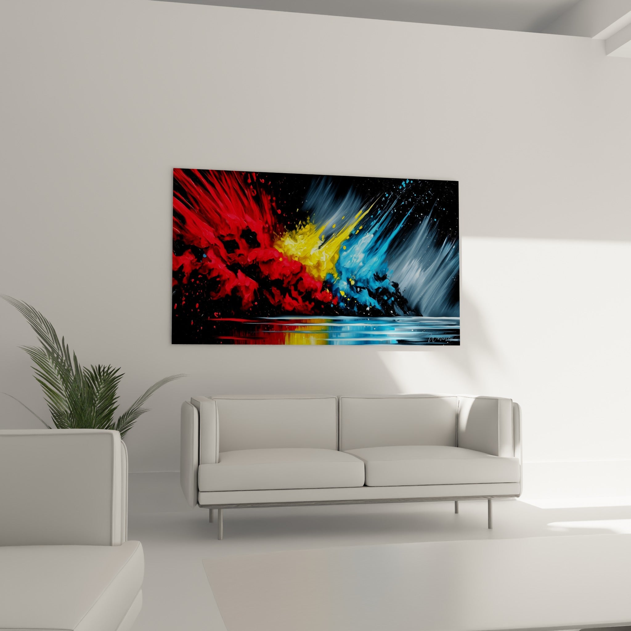 Peinture abstraite aux teintes rouges et bleues vibrantes suspendue au-dessus d'un canapé dans un salon lumineux