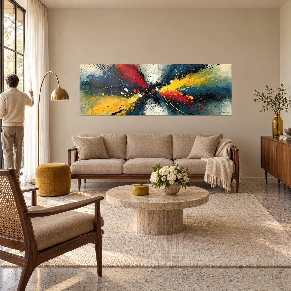 Wall art bold bow tie in mustard yellow and navy blue, man seen from behind, above a sofa in a bright living room