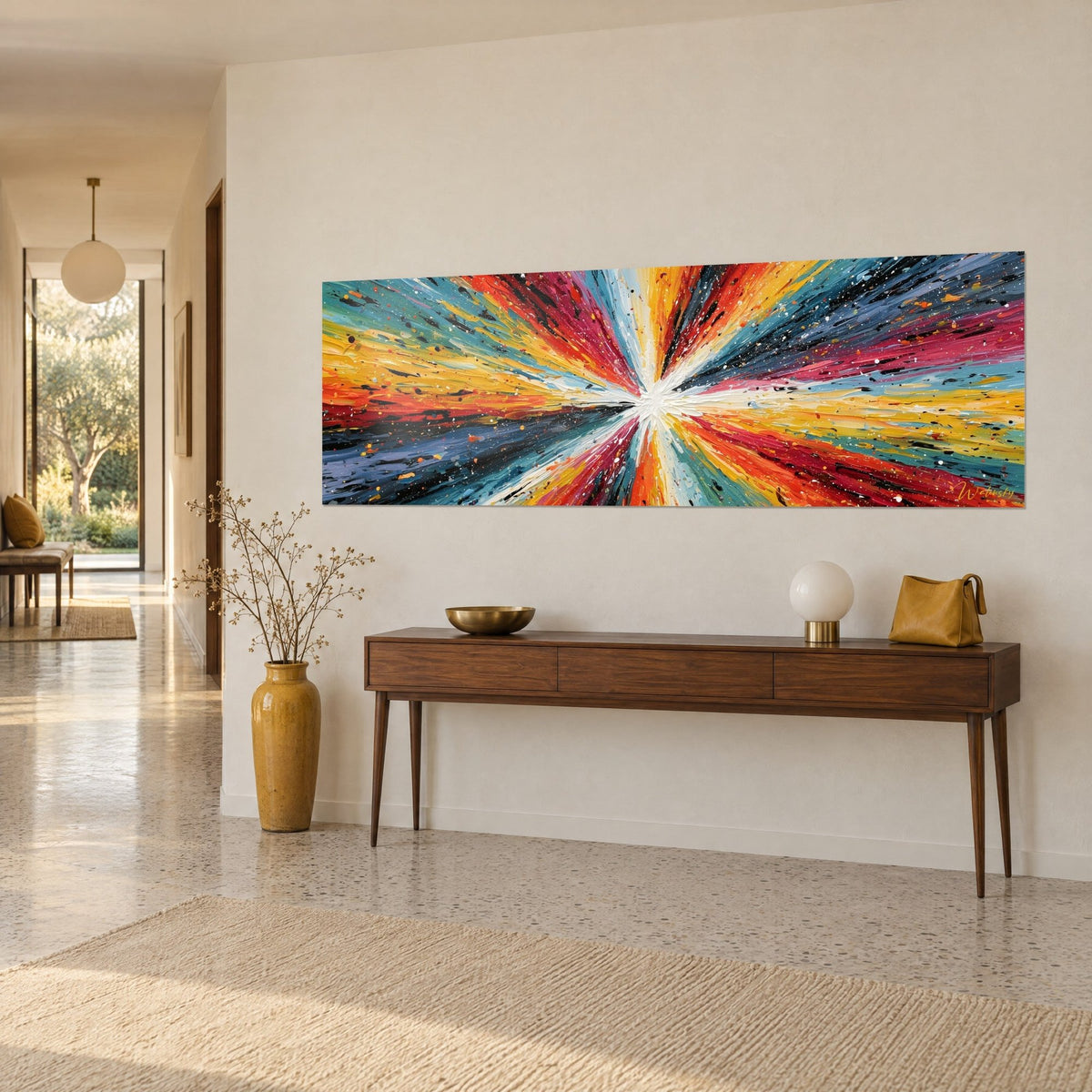 Wall art glowing vortex with orange and turquoise rays, white splashes, on a cream wall above a wooden console