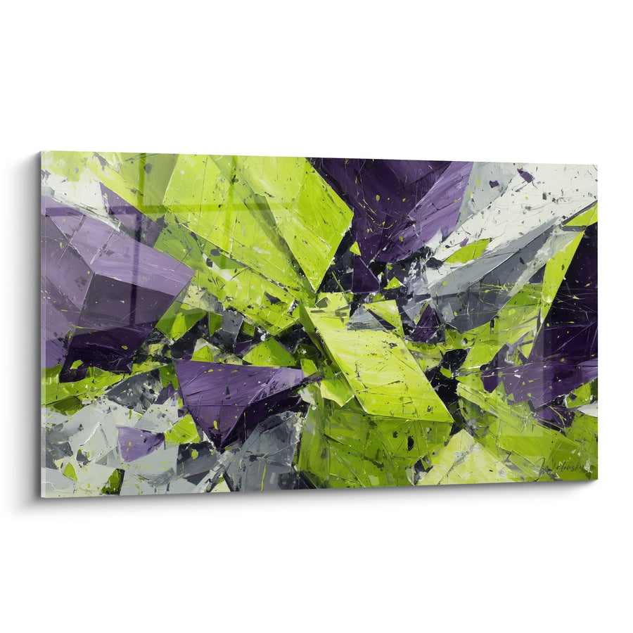 Tableau abstrait vert chartreuse et violet avec éclats géométriques - Explosion Cristalline - Edition Feng shui Sud-Est Bois