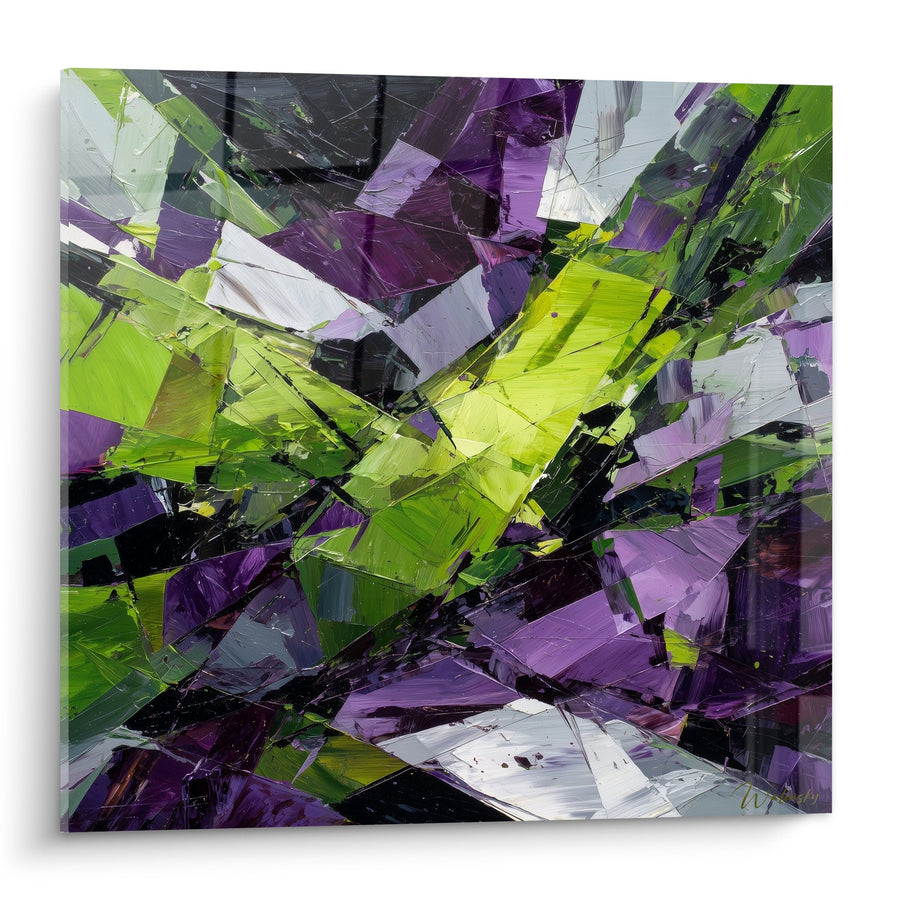 Tableau abstrait aux éclats verts et violets expressifs - Énergie cristalline - Edition Feng shui Sud-Est Bois