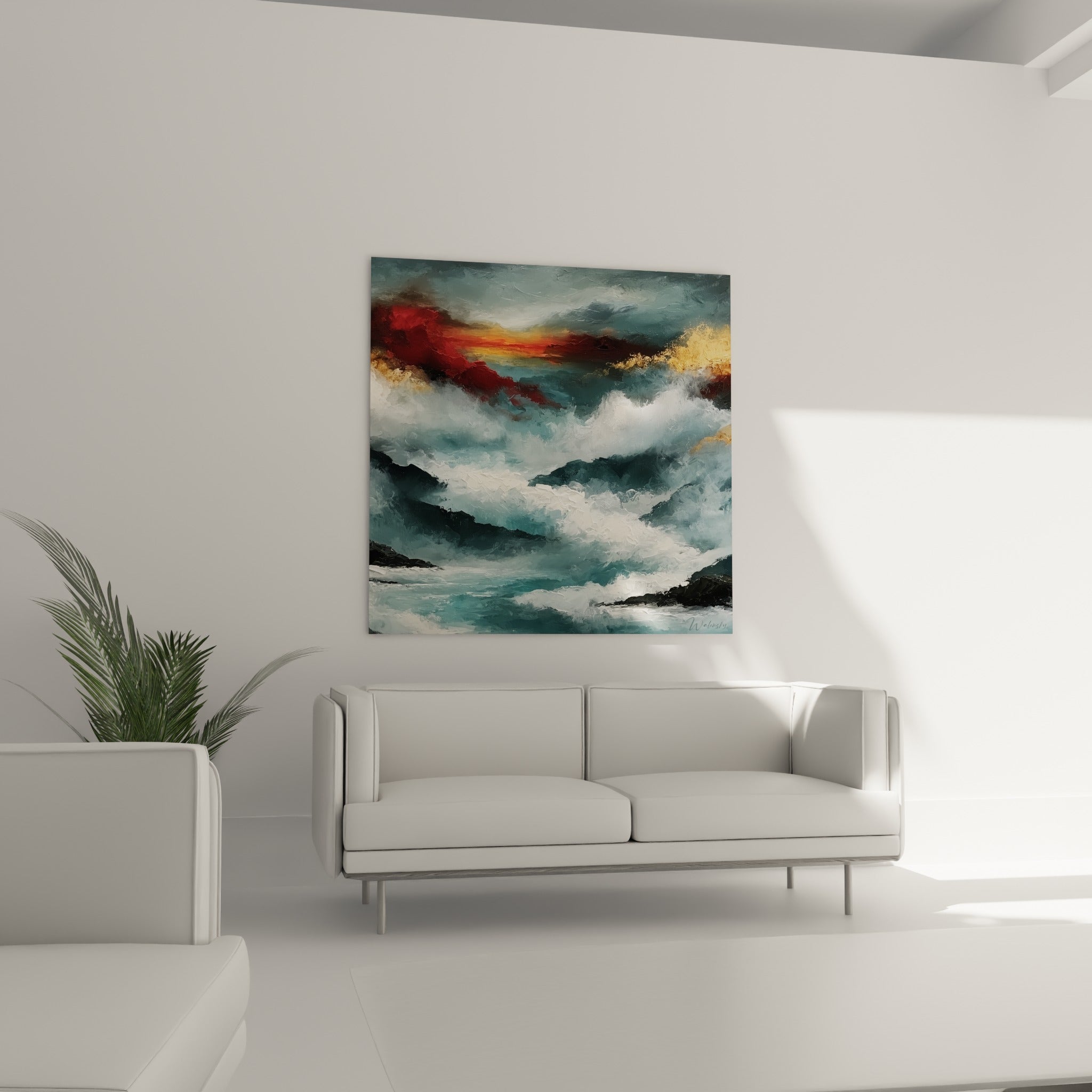 Écume blanche et rochers anthracite sous un ciel rouge feu placés au-dessus d'un canapé dans un salon lumineux