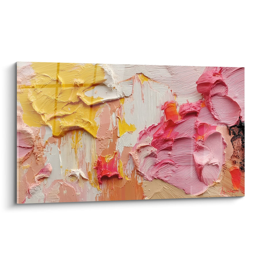 Tableau peinture abstraite jaune et rose aux empâtements épais - Harmonie chromatique - Edition Feng shui Sud-Ouest Terre