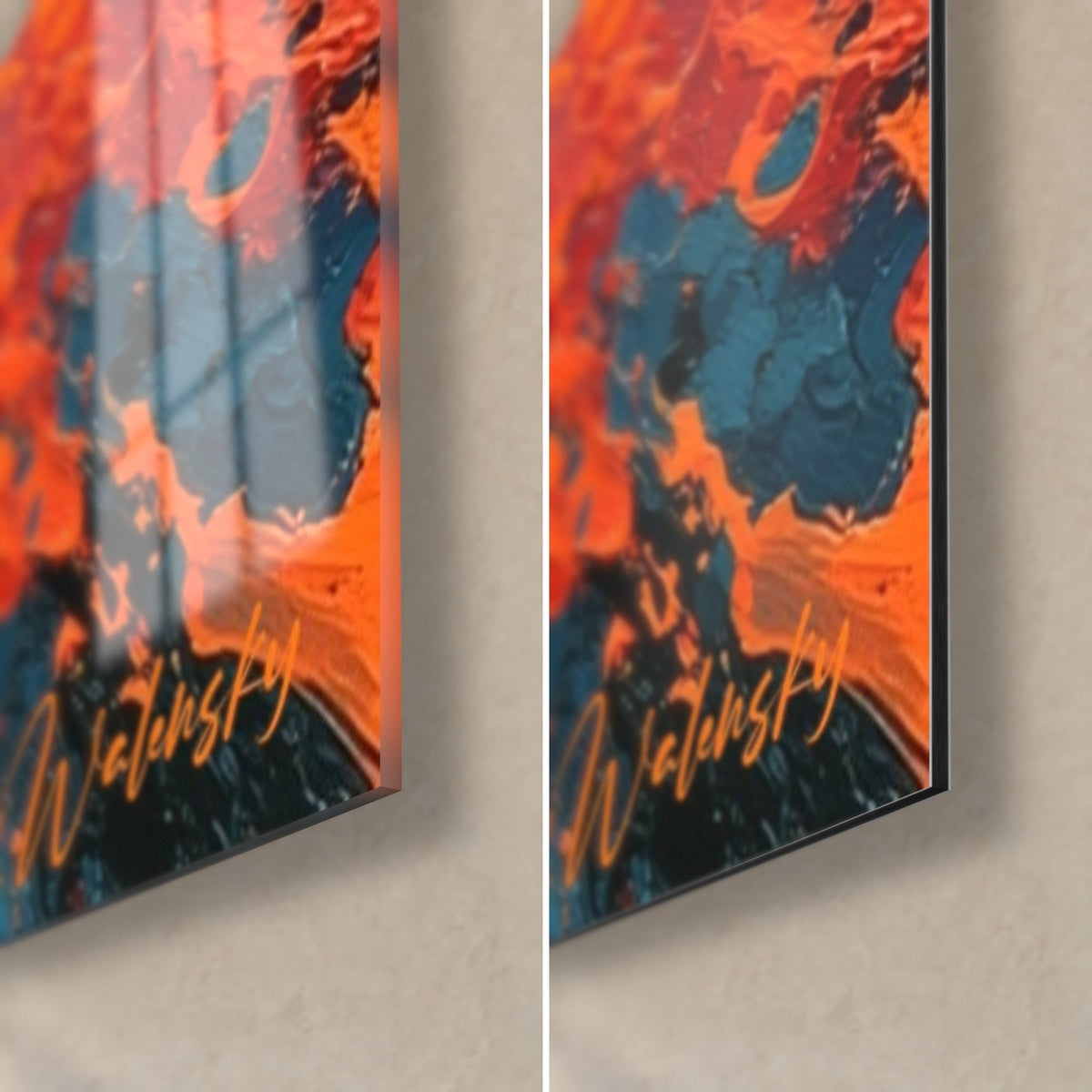 Wall art abstract in orange and teal, bottom right corner: glossy glass on the left, matte Dibond aluminum on the right, 3 mm edge