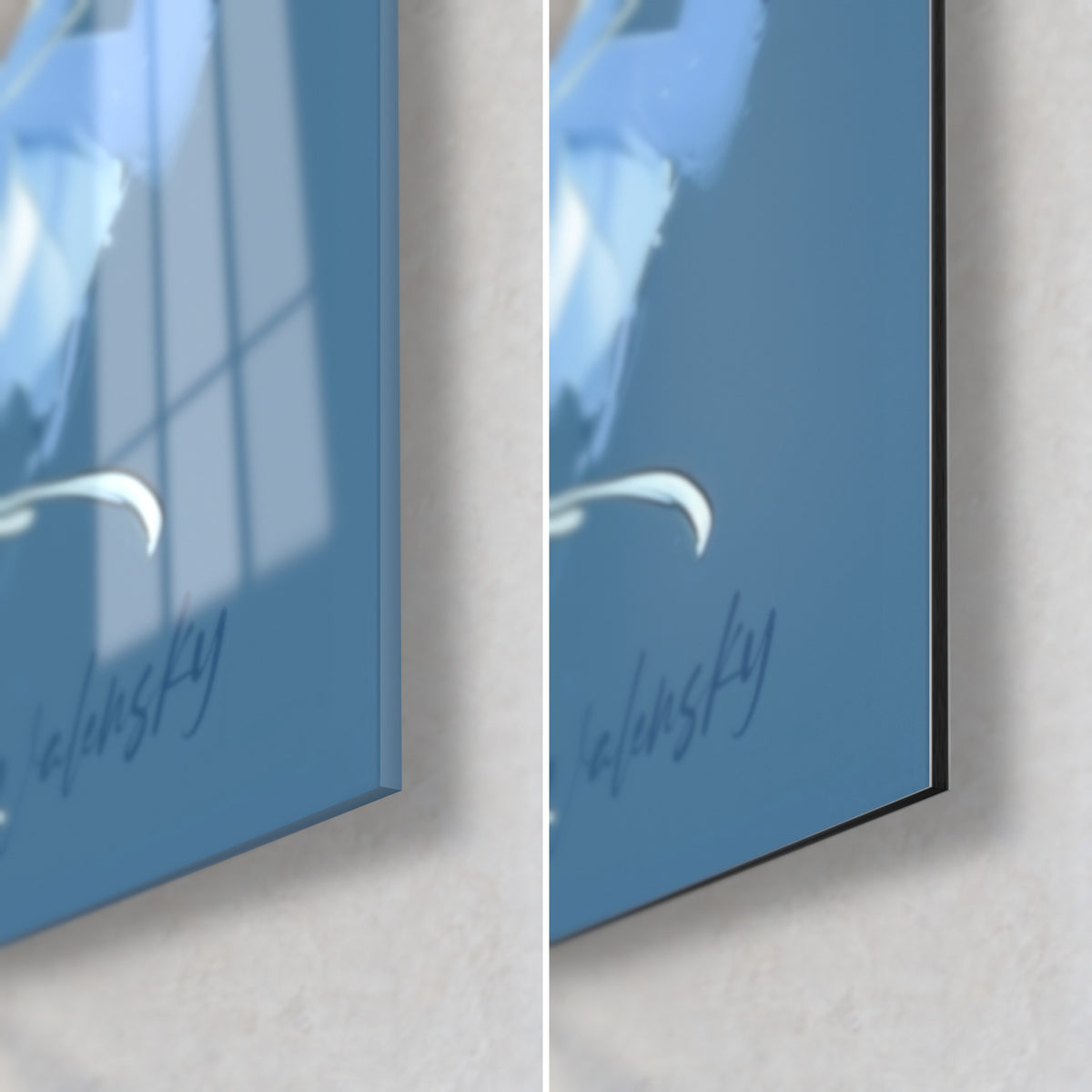 Tableau tourbillons de peinture bleu acier, signature Walensky, coin bas droit en verre brillant et alu Dibond mat de 3 mm