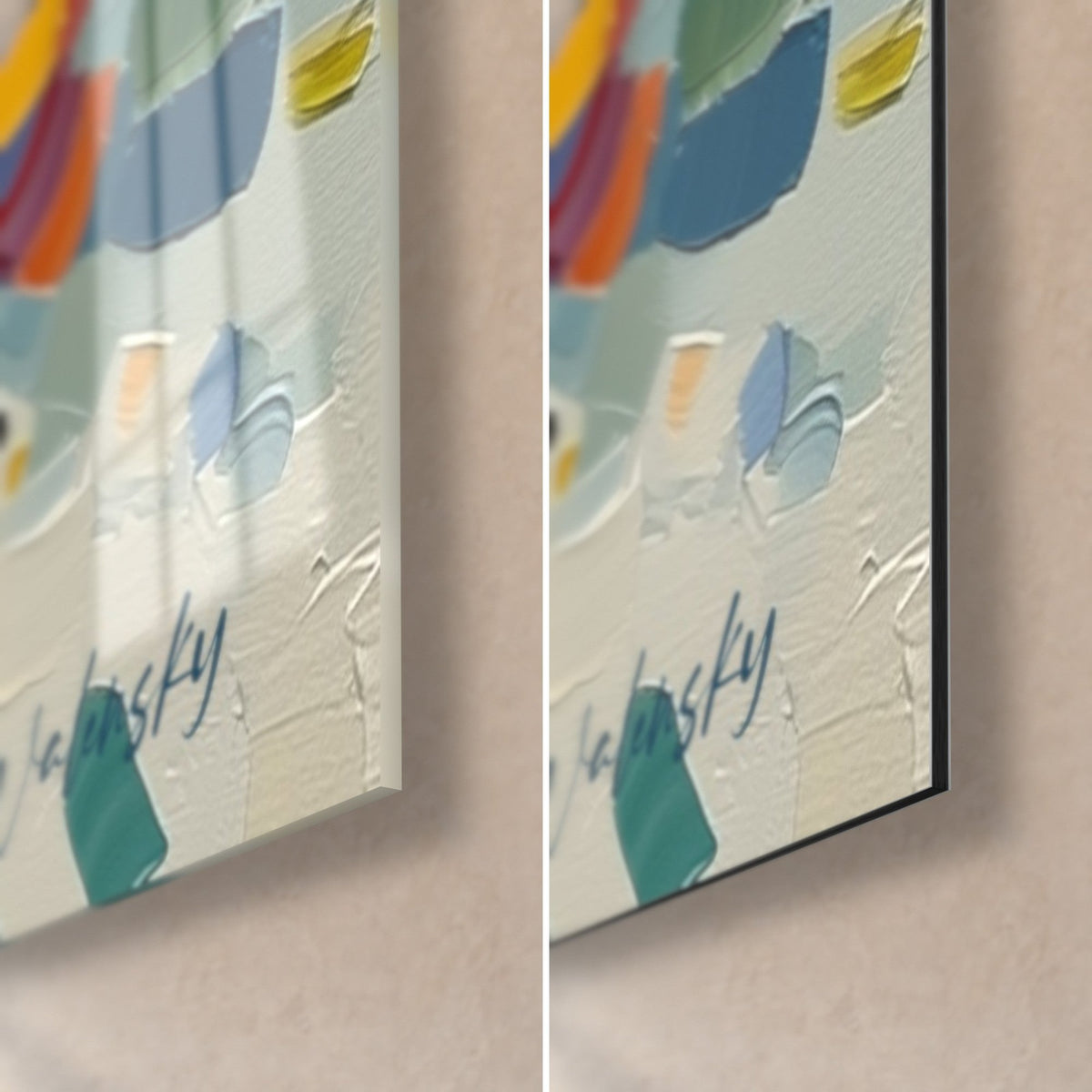 Wall art burst of orange and blue paint paste, bottom right corner: glossy acrylic glass on the left, matte black Dibond on the right, 3 mm edge