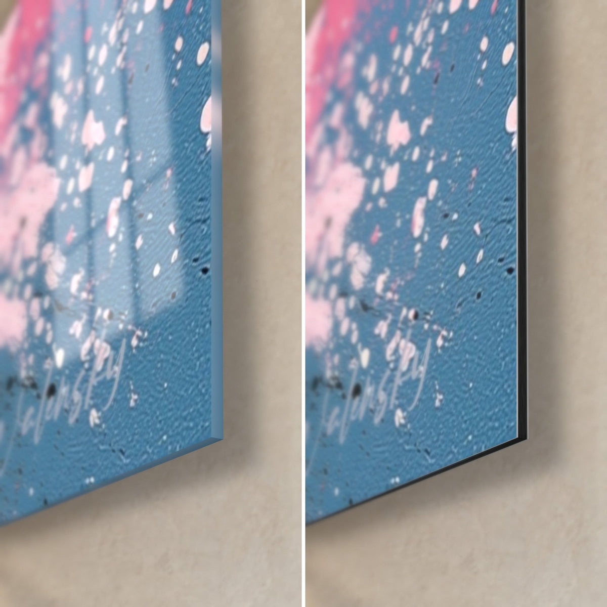 Wall art pink and sky blue impasto strokes splashed with white, glossy glass corner at bottom right and matte Dibond, 3 mm edge