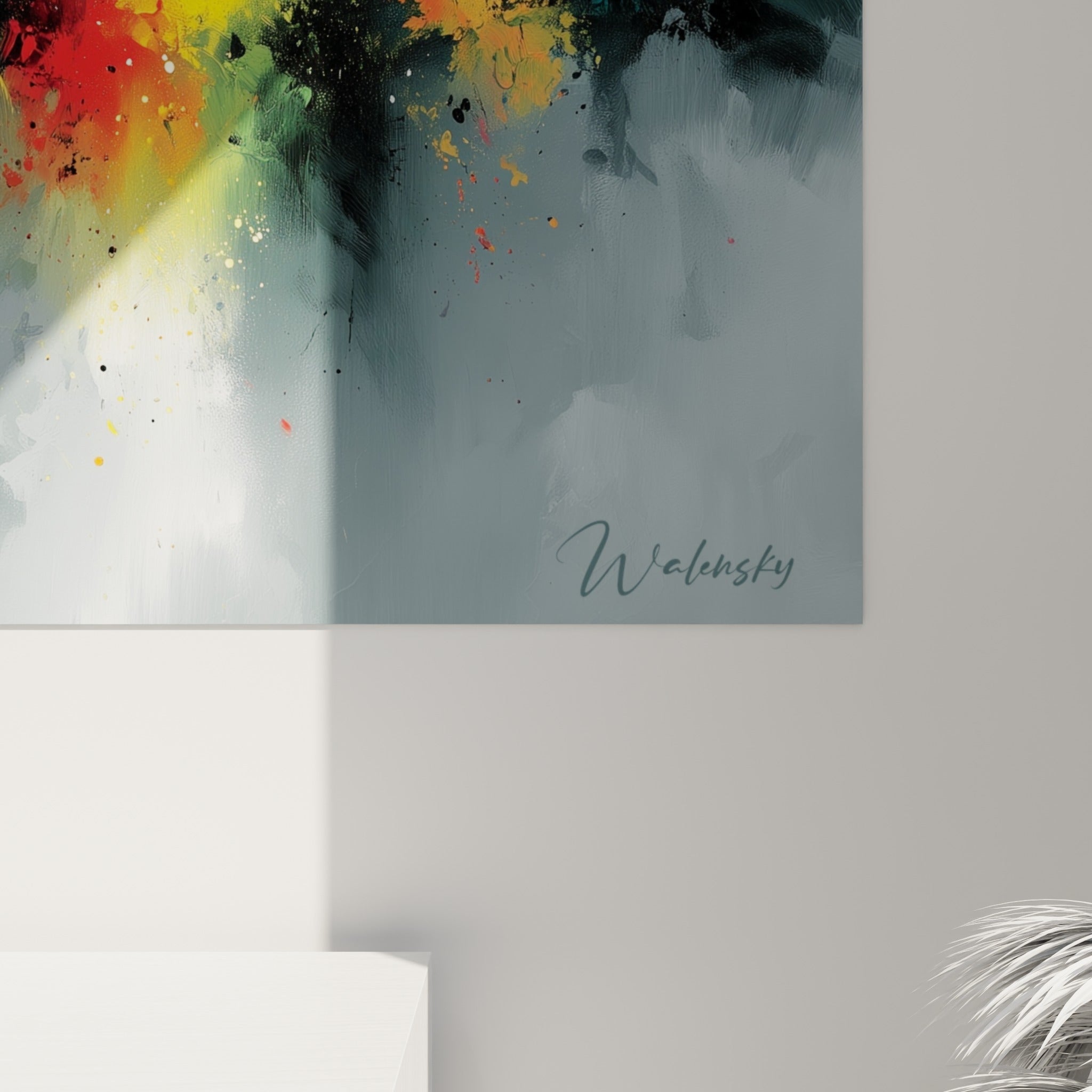 Empâtements colorés en rouge, jaune et noir révélant la matière dense de cette peinture abstraite