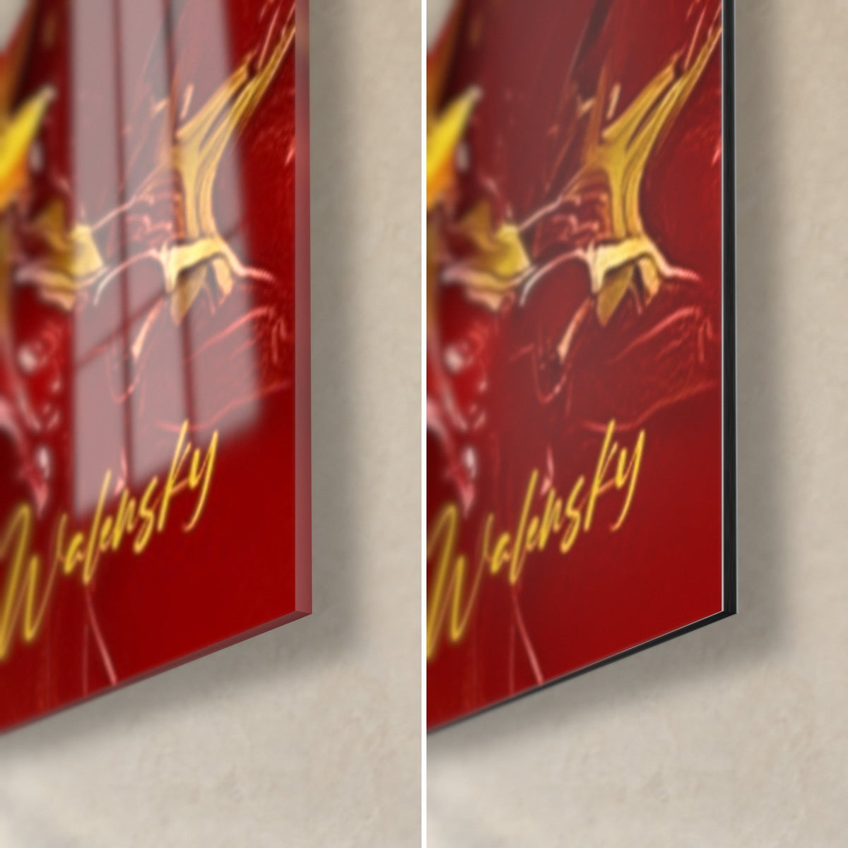 Cuadro abstracto en rojo profundo y amarillo dorado, firma Walinsky, esquina inferior derecha en cristal acrílico brillante y aluminio Dibond mate