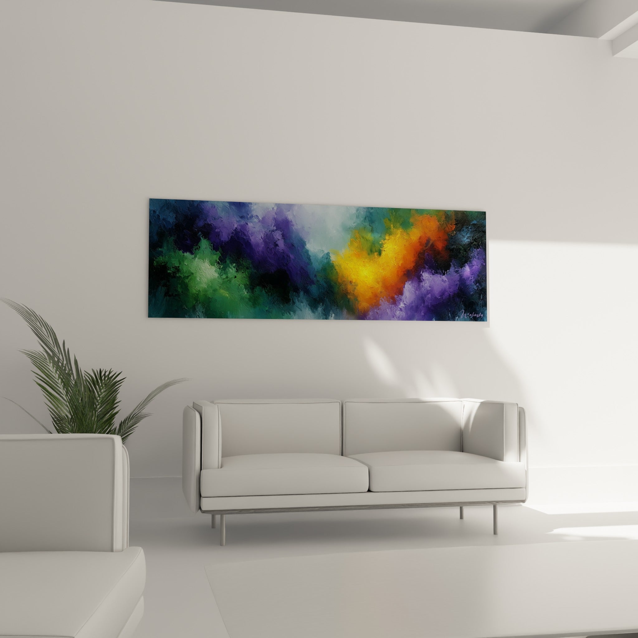 Lumière dorée émergeant d'une brume violette et verte, suspendue au-dessus d'un canapé dans un salon lumineux