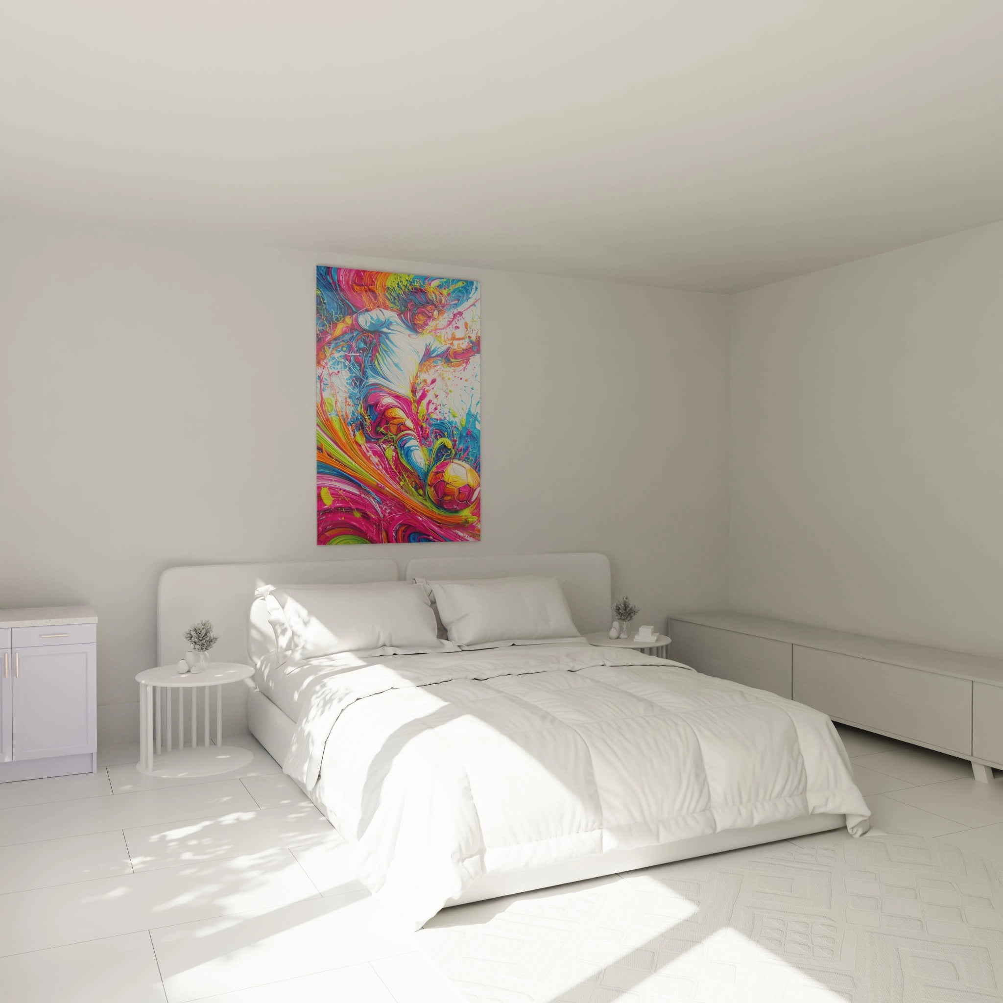 Tableau abstrait multicolore installé dans chambre moderne avec couleurs vives dynamiques
