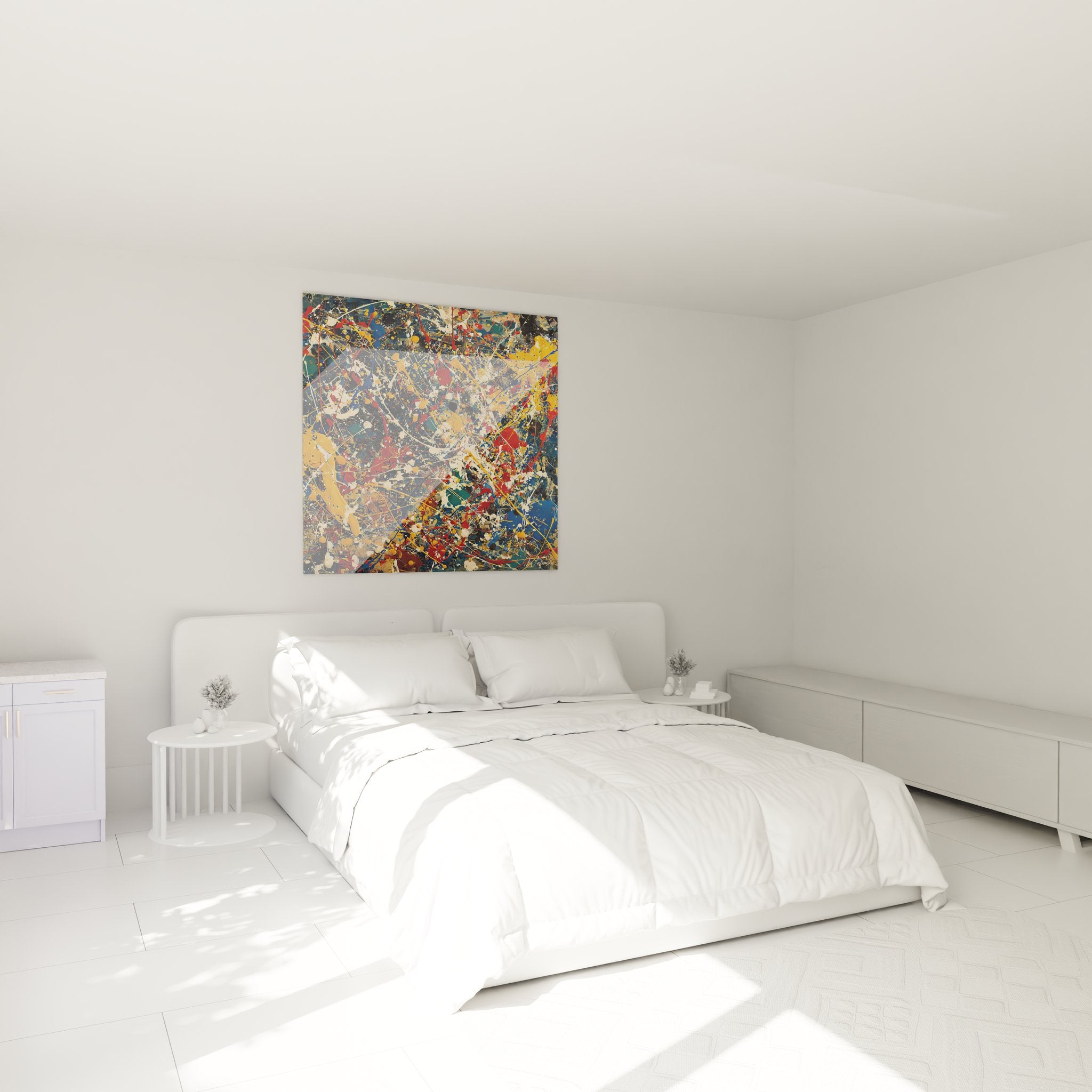 Ambiance chambre avec tableau abstrait explosion couleurs accroché au mur décoration moderne